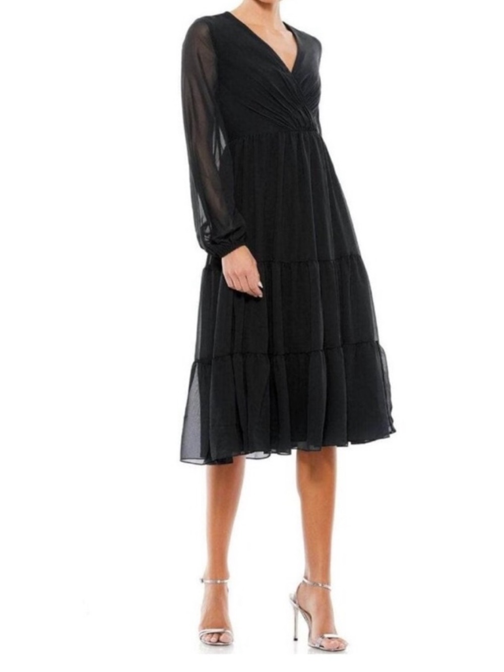Ieena For Mac Duggal Emerald Black Illusion Long Sleeve Tiered Midi Dress sz 2
